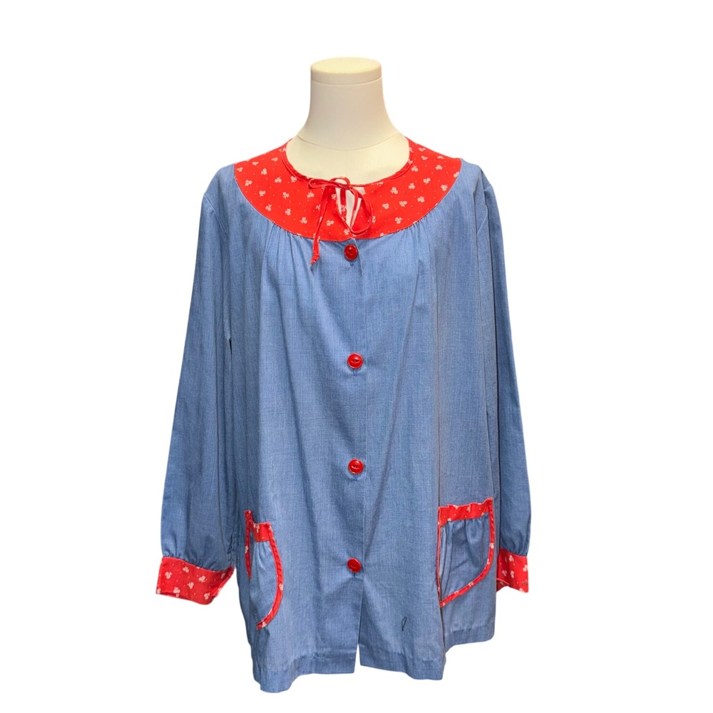 Beco Originals Button Down Shirt Womens L Blue Red Good Vintage Chambray Floral